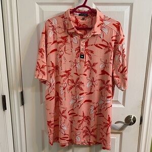Bad Birdie Mens 2XL Polo Golf Shirt Floral Poly Spandex Light Red Peach Vacation